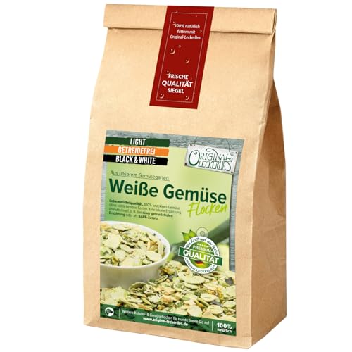ORIGINAL LECKERLIES Weiße Hunde Gemüse-Flocken Black&White, 1 kg getreidefreie Gemüseflocken, Hundeflocken, Barf Zusatz Hund Hundefutter – Naturprodukt für Hunde