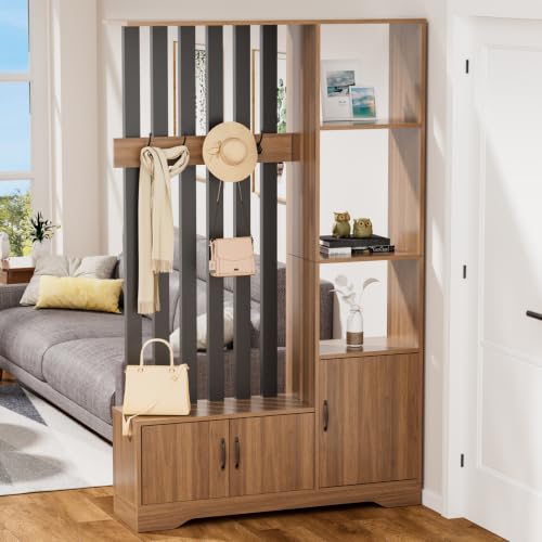 Room Divider with Shelves Floor to Ceiling Wall Partition Divider Freestanding Room Dividers Screen with Coat Rack Shoe Bench Shoe Storage Cabinet for Home & Office
