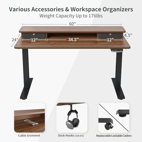 Image of FEZIBO 60 x 24 Inch Height Adjustable Electric Standing Desk with Double Drawer, Stand Up Desk with Storage Shelf, Sit Stand Desk, Blcak Walnut