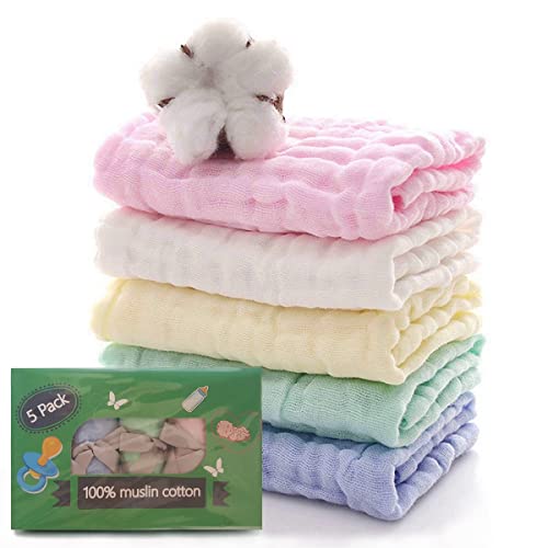 Muslin Baby Burp Cloths, 100% Muslin Cotton Burp Napkins for Newborn Girls and Boys, Absorbent Soft Muslin Baby Burping Rags 10' by 20', 6 Layers Infant Feeding Wipes (Multicolored, Pack of 5).