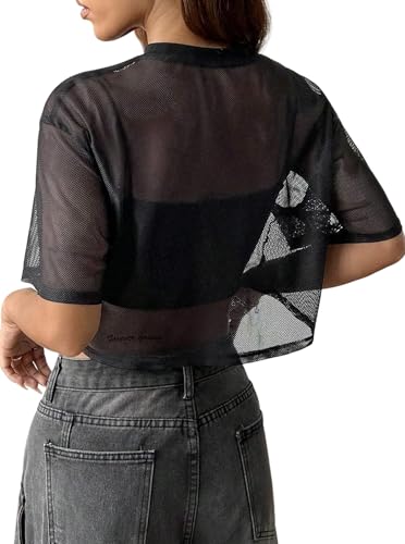 Avanova Women Sexy Sheer Mesh Crop Top See Through Oversized Short Sleeves Boxy Tee Shirt2