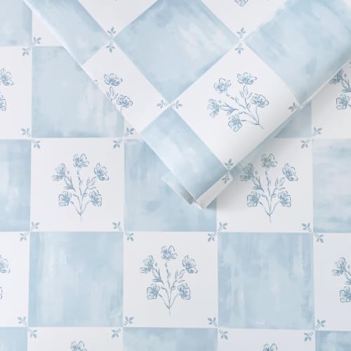 Image of Timeet Self Adhesive Wallpaper 44CM x 3M Peel and Stick Wallpaper Blue White Vintage Check Floral Contact Paper Vinyl Wrap Sticky Back Plastic Waterproof Removable for Bedroom Living Room Wall Decor