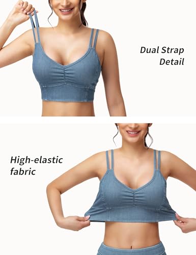 THE GYM PEOPLE Women's Denim Crop Tops V-Neck Padded Strappy Jean Camisole — view 3
