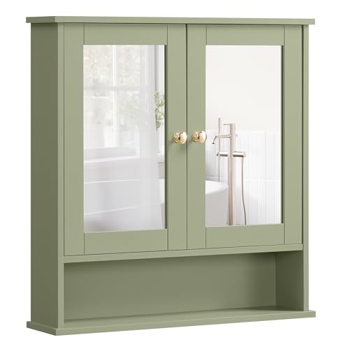 VASAGLE Spiegelschrank, Badschrank, Wandschrank, Hängeschrank mit 2 Spiegeltüren und offenem Fach, verstellbare Ablage, Wandmontage, 13 x 56,5 x 58,5 cm, salbeigrün LHC002C02 VASAGLE Spiegelschrank, Badschrank, Wandschrank, Hängeschrank mit 2 Spiegeltüren und offenem Fach, verstellbare Ablage, Wandmontage, 13 x 56,5 x 58,5 cm, salbeigrün LHC002C02