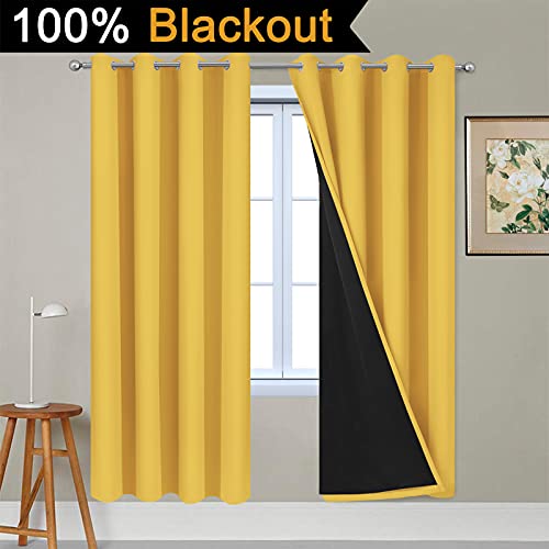 Image of Yakamok Mustard Yellow Blackout Curtains Panels 72 Inches Long, 52 inch Wide | Blackout Curtain Panels for Bedroom, 2 Thick Layers Grommet Top Thermal Insulated Drapes with Black Liner for Living Room