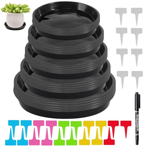 GTNCE Rund Untersetzer Blumentopf Kunststoff 54 Stück Schwarz Untersetzer Pflanzen Topfuntersetzer 14 16 18 20 22 cm Blumenuntersetzer mit Pflanzenschilder zum Beschriften Bunt Unterteller Blumentopf