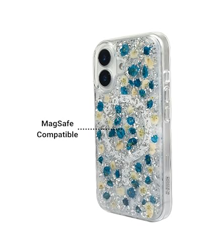 Image of Mag Flower Series Case for iPhone 16 Compatible with Wireless Charging | Real Dried Flower Embedded Design | Slim Transparent Shockproof Back Cover |Blue Edition