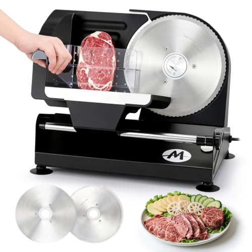 Moongiantgo Cortadora de Fiambre Casa Cortafiambres Eléctrico Profesional con 2x Cuchilla de Acero Inox Extraíble, Ø185mm, Regulador de Grosor 1 20mm, para Pan/Corte Jamon/Carne/Queso/Embutido (220W)