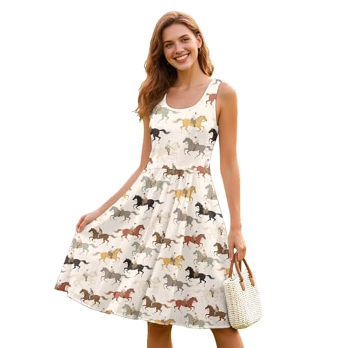 Image of Women Stylish Tank Dresses Sleeveless Round Neck Midi Casual Dress with Pocket for Summer