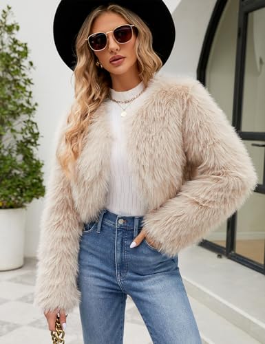 Arssm Womens Faux Fur Coat Furry Cropped Jacket Long Sleeve Open Front Parka Crop Fur Coats Shaggy Winter Outerwear3