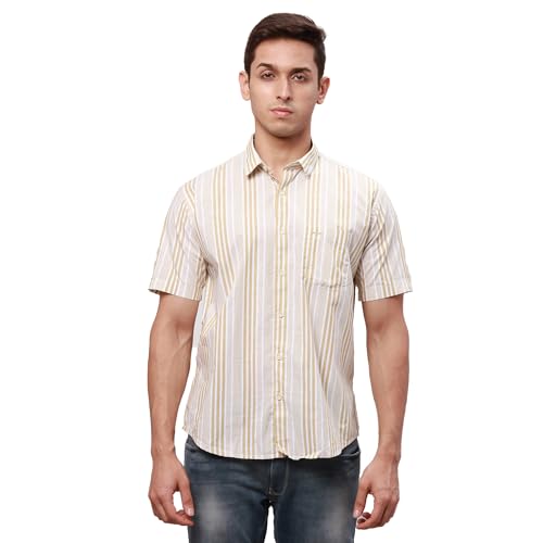 Image of Park Avenue Men's Pure Cotton Chambray Pattern Slim Fit Ainsley Collar Half Sleeve Casual Shirt