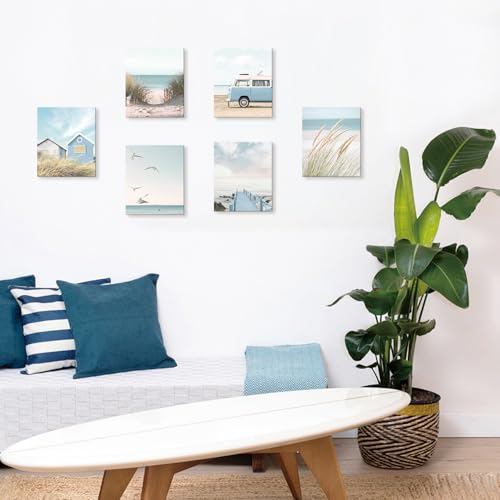 HPNIUB Beachy Canvas Wall Art, Tropical Summer Ocean Coastal Posters, Set Of 6 Piece (8x10inch,Framed) Preppy Gallery Beach Prints, Girly Green Sbristlegrass Room Decor, California Beachy Pictures - Image 3