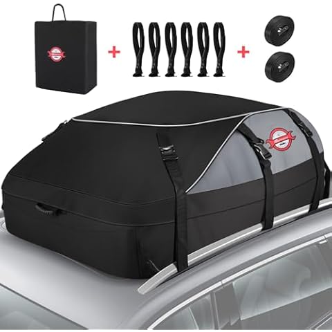 Sailnovo Rooftop Cargo Carrier, 20 Cubic Feet Waterproof Vehicle Soft-Shell Carriers for Cars with/Without Luggage Rack, Roof Rack Cargo Carrier Includes 6 Door Hooks, Reinforced Strap Cover
