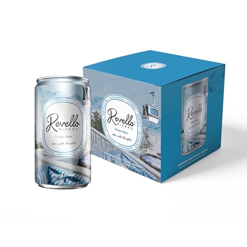 Image of Revello Mixers Ginger Beer - Mixer Infused with Electrolytes, Antioxidants, Vitamins & Minerals - Low Sugar & Calories - Premium Beverage for Crafted Cocktails & Mocktails - 8 fl oz (Pack of 4)