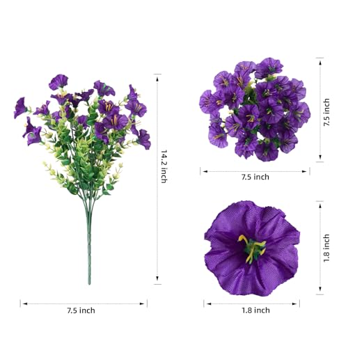 HyeFlora Artificial Flowers for Outdoors Fake Plants Outside Decoration, 12 Bundles Silk Purple Morning Glory with Eucalyptus UV Resistant Look Real Faux Flower for Planter Front Door Porch Patio Yard