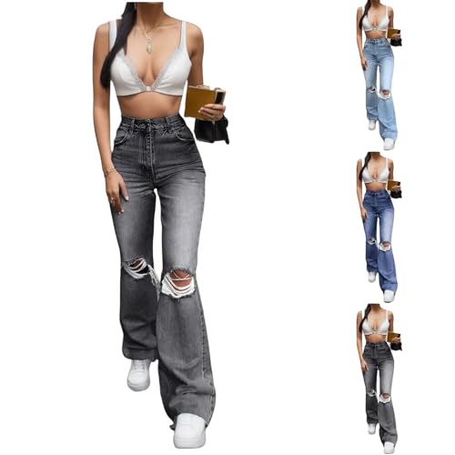 Bell Bottom Ripped Jeans for Women,High Waisted Flare Stretchy Wide Leg Bootcut Plus Size Jeans for Curvy Women