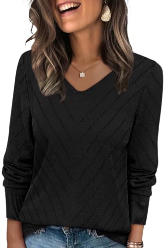 WIHOLL Womens Tops Long Sleeve V Neck Sweaters Fall Outfits for Women 2025 Trendy Casual Loose Fit Fashion Clothing Soft Ribbed Knit Lightweight Pullover Jumper Tops Black XL
