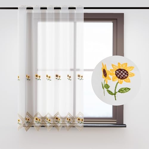 HOMEYA - Cortina Cocina 105 x 140 cm, Visillo Cocina con bordados transparente un panel 105 x 140 cm (ancho por largo), Girasol