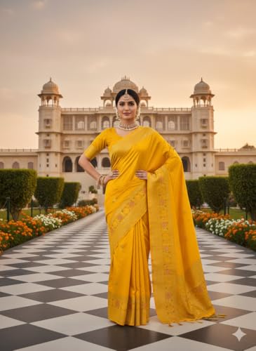 Image of Kanjivaram Silk Saree for Women - Handloom Floral Weaving, Contrast Border, Heavy Gold Zari Rich Pallu, Traditional Designer Wedding & Festive Saree with Blouse Piece