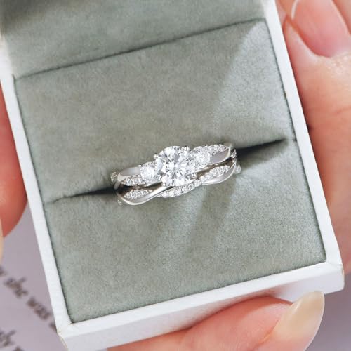 Wuziwen Three Stone Engagement Rings for Women Bridal Sets Wedding Ring for Her Eternity Band CZ 925 Sterling Silver2