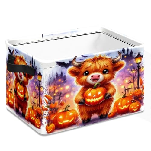 Image of Halloween Highland Cow Storage Basket Large Foldable Storage Bin Cube Collapsible Organizer with Handles for Storage Toy Storage