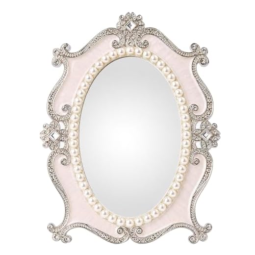 Nerien Makeup Mirror Rotation Tabletop Vanity Mirror Cosmetic Desktop Mirror with Stand Pearl Floral Frame Metal Vintage Oval Mirrors Desk Countertop Dressing for Home Bedroom Decorative White-M