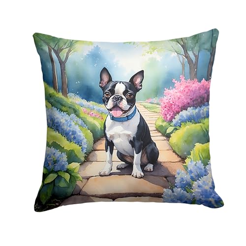 Caroline's Treasures Boston Terrier Spring Path Throw Pillow Machine Washable, Indoor Outdoor Decorative Pillow for Couch, Bed or Patio, 18Hx18W