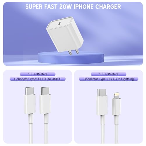 Image of Extra Long 10FT iPhone Fast Charger,i Phone Charger Fast Charging【MFi Certified】2Pack 20W PD Fast USB C Charger Block + 10Foot i Phone Charging Cable Cord for iPhone 15 /14 /13 /12 /11 /XS /XR /SE2022 /8 /iPad