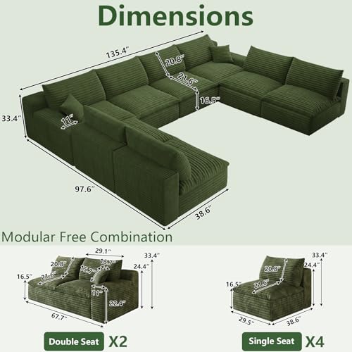 Image of 136 inch Cloud Couch Modular Sectional Sofa for Living Room, U-Shape Boneless Couch with Deep Seat, Modern Corduroy 8-Seater, No Assembly Required, Green
