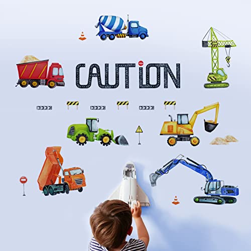 Mfault Baby Boys Construction Caution Vehicle Wall Decals Stickers, Large Trucks Tractor Excavator City Nursery Playroom Decorations Kids Room Art, Classroom Bedroom Home Decor Birthday Gift #TOP2