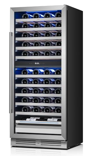 Yeego 24 Inch Wine Fridge, 40°F-65°F Dual Zone Wine Cooler Refrigerator, 304 Stainless Steel Glass Door Lock, Temp Memory Blue & White LED Built-in Fridge with Adjustable Shelves (89 Bottle)
