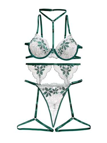 Image of Lilosy Sexy Choker Floral Lace Scallop Sheer Underwire Push Up Garter Belt Lingerie Set 3 Piece