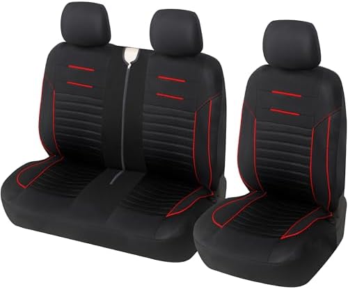 Upgrade4cars Transporter Autositzbezüge Set Vordersitze Schwarz Rot | Passend für die meisten Fahrzeuge | Schützt die Autositze vor Abnutzung | atmungsaktiv & pflegeleicht
