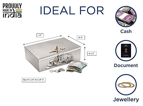 Image of Stainless Steel Cash /Coin /Jewellery Storage Rectangular Silver Boxes with Pre-Fitted Lock (8 inch x 5 inch x 2.7 inch) (With Pre fited One Lock & 2 Key) (Medium Poja 8)