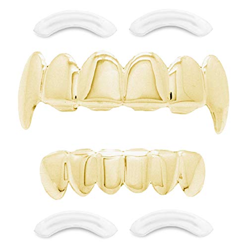 24K Plated Joker Gold Grillz for Mouth Top Bottom Hip Hop Teeth Grills for Teeth Mouth + 2 Extra Molding Bars + Microfiber Cloth (Fangs Gold) | Halloween Costume