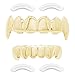 Produktbild Top Class Jewels 24 Karat vergoldete Silberdiamantzähne Joker Gold Grillz für den Mund + 2 zusätzliche Formteile + Stoffpost-Malone-Kostüm (Fangs - Gold)
