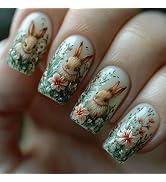 24 Pcs Easter Medium Square Shaped Press on Nails with Cute Bunny Design Embossed Acrylic Nails S...