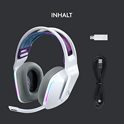 Logitech G733 LIGHT SPEED wireless gaming headset with headband, LIGHTSYNC RGB, Blue VO! CE microphone technology, PRO G speakers, ultra-light, 15-hour battery life, 20m range, White