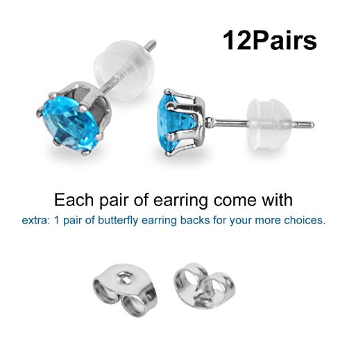 12 Pairs Stainless Steel Cz Stud Earrings For Women, Brilliant Cut Round Cubic Zirconia Stud Earrings, Birthstone Stud Earrings Set 3Mm #TOP4