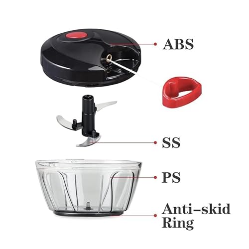 Image of Manual Food Chopper with Pull Cord, 3 Stainless Steel Blades - 450ml Vegetable, Fruit & Onion Cutter (Black & Red)