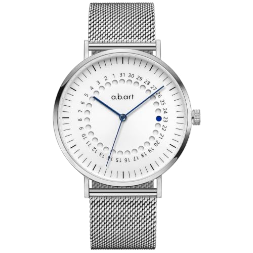 Image of a.b.art Men's Watch with Blue Dot-Style Jump Date Display, Sapphire Crystal, and Swiss Ronda Quartz Movement – Minimalist Bauhaus Style, Silver Milanese Strap, 41mm