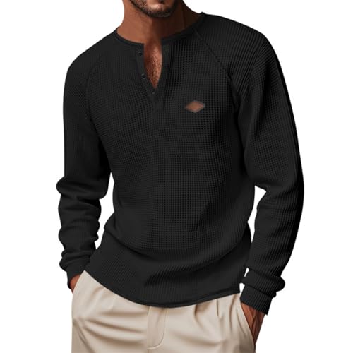 Men's Textured Crew Neck Button Down Raglan Sleeve T-Shirt Lightweight Waffle Henley Long Sleeve Pullover