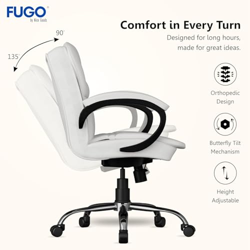 Image of FUGO FG233 Ergonomic Medium Back Office Chair with 3-Year Warranty, Adjustable Height, Cushioned Back&Seat, Tilting Mechanism, Heavy-Duty Metal Base, Dual Nylon Casters-Ideal for Work,Study (White)
