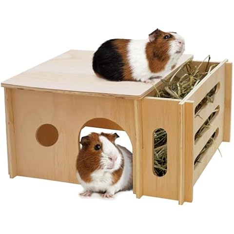 Fhiny Guinea Pig Wood House with Hay Feeder, Detachable Chinchilla Hut Hideout Small Animal Hideout Hideaway Natural Hamster Habitat Decor for Guinea Pig Chinchilla Dwarf Rabbit Hamster Cover