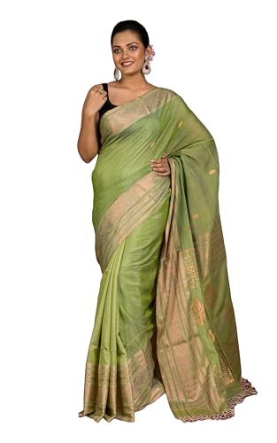 Indian Weaves of Elegance Saree for Women Tussar Cotton Silk Banarasi Katan Saree in Paste Green and Copper
