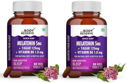 - Melatonin 5mg with Tagar 125mg for Natural Sleep Aid, Muscle Recovery, Nerve Relaxation, and Stress Relief Non-Habit Forming Sleep Aid for Men & Women (60 Veg Tablets) Pack of 2