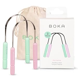 Boka Tongue Scraper for Adults & Kids with Case – Stainless Steel Tongue Cleaner w/Linen Travel Pouch – Scrubber to Remove Tongue Buildup and Freshen Breath (Pack of 2), Green and Pink