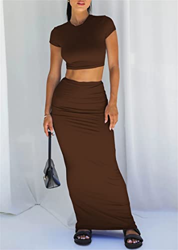Image of Two Piece Skirt Set for Women 2 PC Y2K Outfits Short Sleeve Crop Tops Bodycon High Waist Long Maxi Skirts