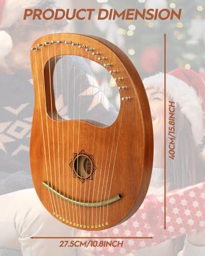 STRICH Lyre Harp, 16 Strings, Mahogany, Copper Saddle Lyre Harp Set with Spare Metal Strings, Tuning Wrench, Black Custom Gig Bag and Manual