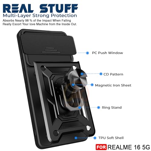 Image of Armor Bumper Back Cover Case for Realme 16 5G | Rotating Camera Cover, Ring Holder & Kickstand | Heavy Duty & 360 Degree Protection Realme 16 5G Back Cover (Black)